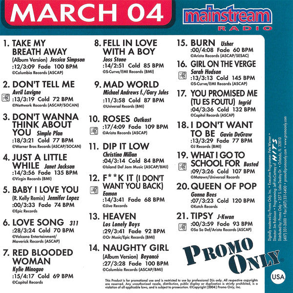 Various : Promo Only - Mainstream Radio - March 04 (CD, Comp, Promo)