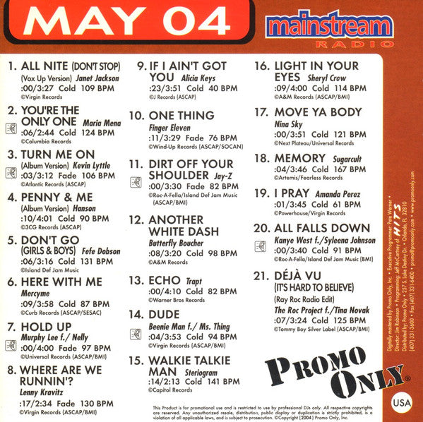 Various : Promo Only - Mainstream Radio May 04 (CD, Comp, Promo)
