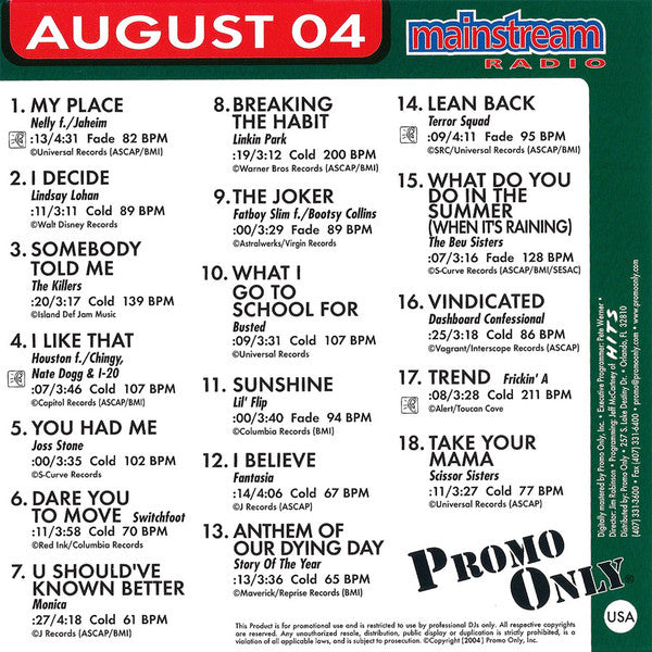 Various : Promo Only - Mainstream Radio August 04 (CD, Comp, Promo)