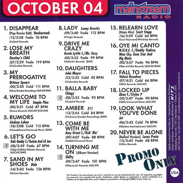 Various : Promo Only - Mainstream Radio October 04 (CD, Comp, Promo)