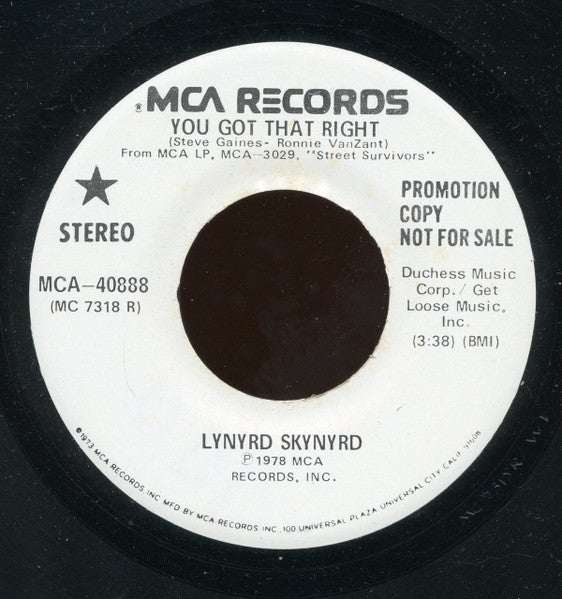 Lynyrd Skynyrd : You Got That Right (7", Promo)