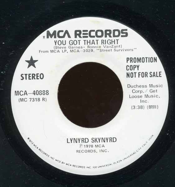 Lynyrd Skynyrd : You Got That Right (7", Promo)