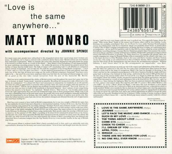 Matt Monro : Love Is The Same Anywhere (CD, Album, RM, Dig)