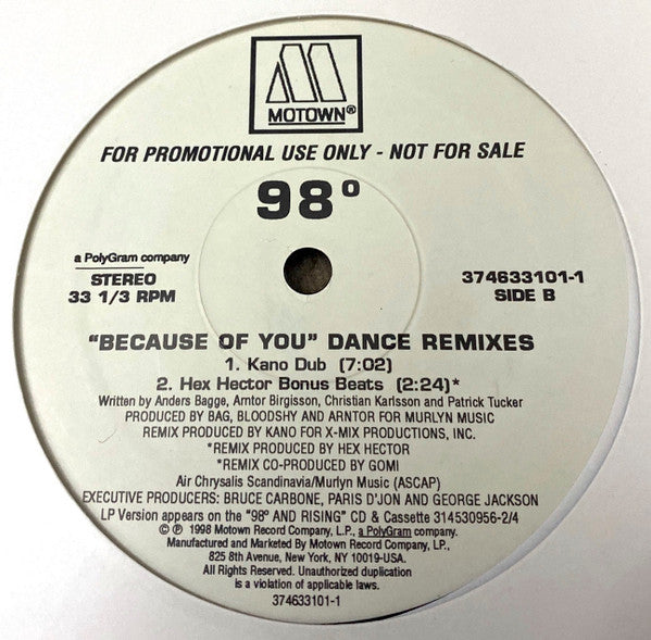 98 Degrees : Because Of You (Dance Remixes) (12", Promo)