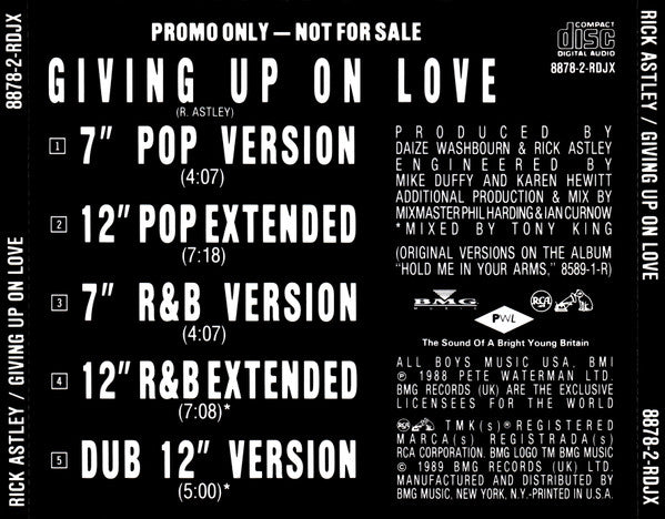 Rick Astley : Giving Up On Love (CD, Maxi, Promo)