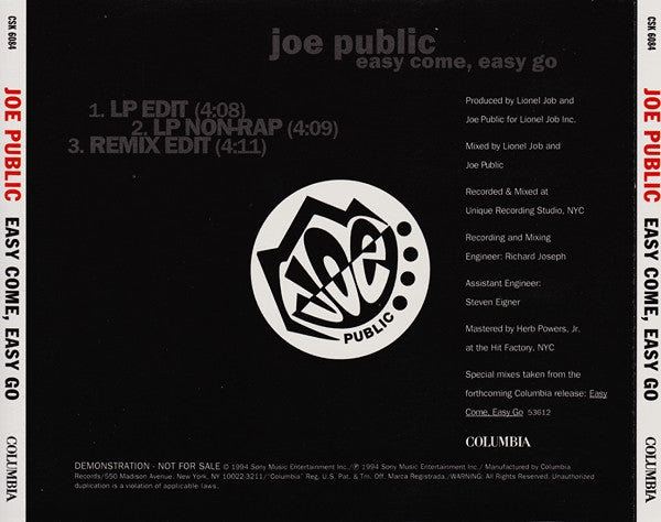 Joe Public : Easy Come, Easy Go (CD, Single, Promo)