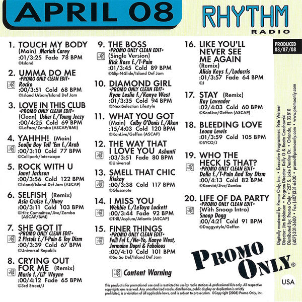 Various : Promo Only Rhythm Radio: April 2008 (CD, Comp, Promo)