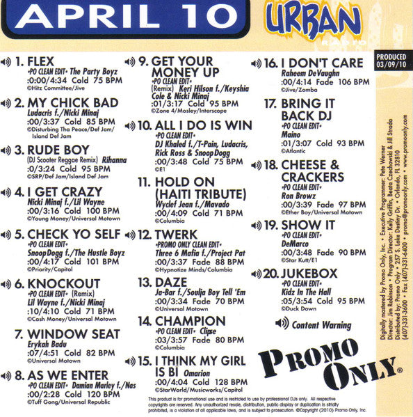 Various : Promo Only Urban Radio: April 2010 (CD, Comp, Promo)