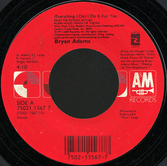 Bryan Adams : (Everything I Do) I Do It For You (7", Single, Styrene)