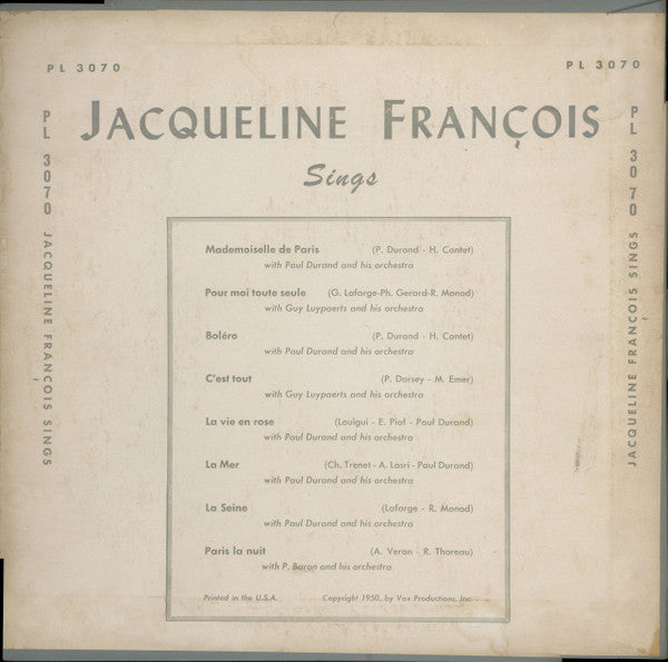 Jacqueline François : Jacqueline François Sings (10", Album)