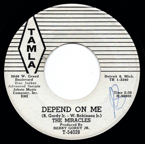 The Miracles : Way Over There / Depend On Me (7", Single, Mono, Promo, Wit)