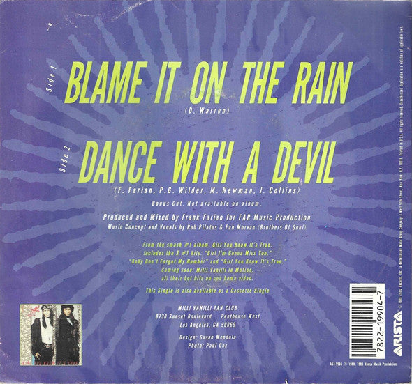 Milli Vanilli : Blame It On The Rain (7", Single)