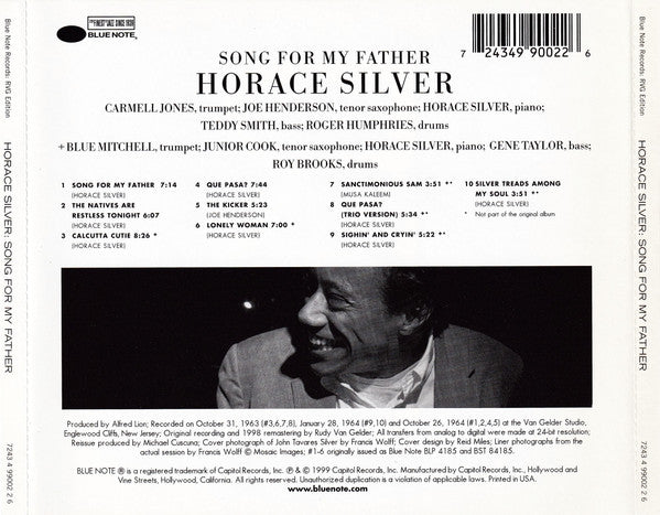 The Horace Silver Quintet : Song For My Father (CD, Album, RE, RM, O-c)