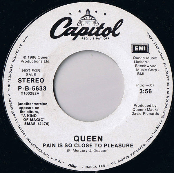 Queen : Pain Is So Close To Pleasure (7", Single, Promo, Styrene)