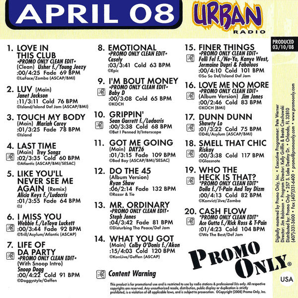 Various : Promo Only Urban Radio: April 2008 (CD, Comp, Promo)