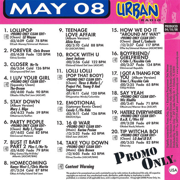 Various : Promo Only Urban Radio: May 2008 (CD, Comp, Promo)