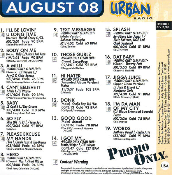 Various : Promo Only Urban Radio: August 2008 (CD, Comp, Promo)