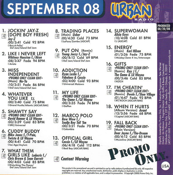 Various : Promo Only Urban Radio: September 2008 (CD, Comp, Promo)