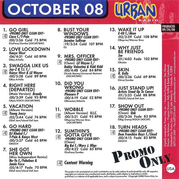 Various : Promo Only Urban Radio: October 2008 (CD, Comp, Promo)