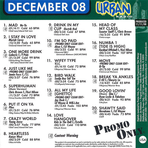 Various : Promo Only Urban Radio - December 2008 (CD, Comp, Promo)