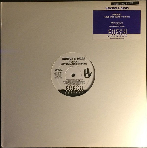 Hanson & Davis : Tonight (Love Will Make It Right) (12", Single, Promo)
