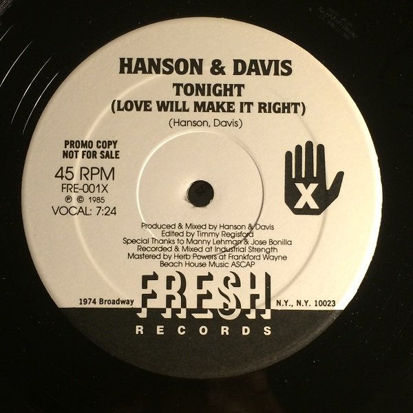 Hanson & Davis : Tonight (Love Will Make It Right) (12", Single, Promo)