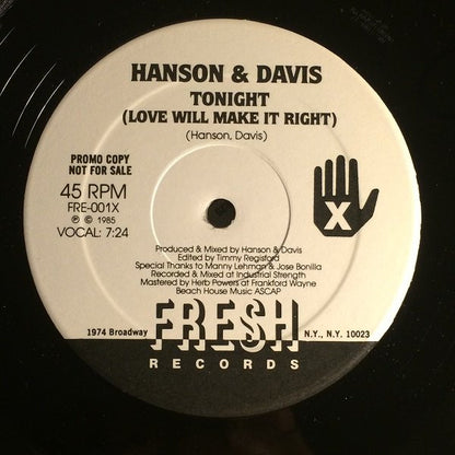 Hanson & Davis : Tonight (Love Will Make It Right) (12", Single, Promo)