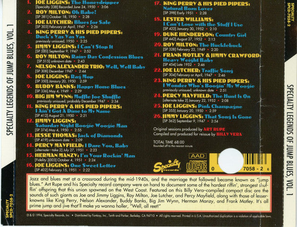 Various : Specialty Legends Of Jump Blues Volume One (CD, Comp, Promo)