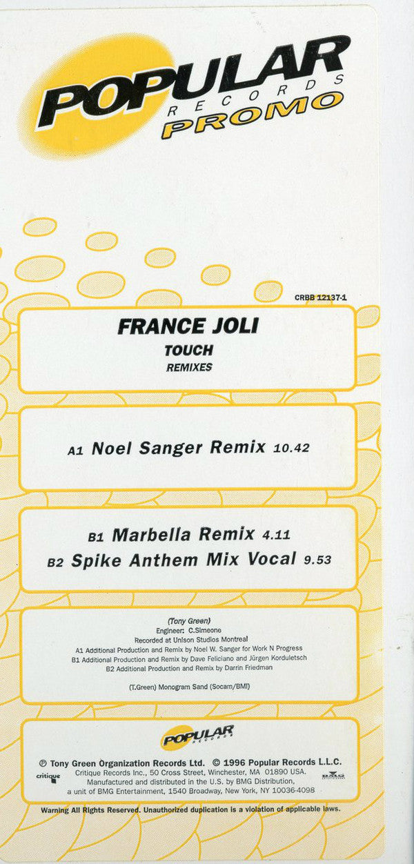 France Joli : Touch (Remixes) (12", Promo)