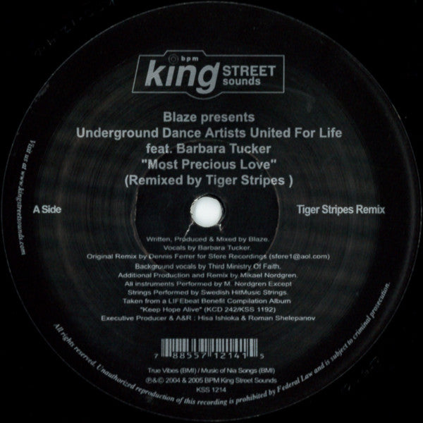 Blaze Presents Underground Dance Artists United For Life Feat. Barbara Tucker : Most Precious Love (12")