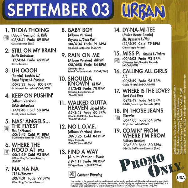 Various : Promo Only Urban Radio: September 2003 (CD, Comp, Promo)