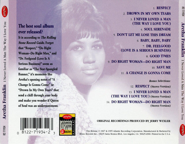 Aretha Franklin : I Never Loved A Man The Way I Love You (CD, Album, Mono, RE, RM, SP)
