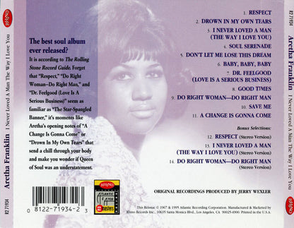 Aretha Franklin : I Never Loved A Man The Way I Love You (CD, Album, Mono, RE, RM, SP)