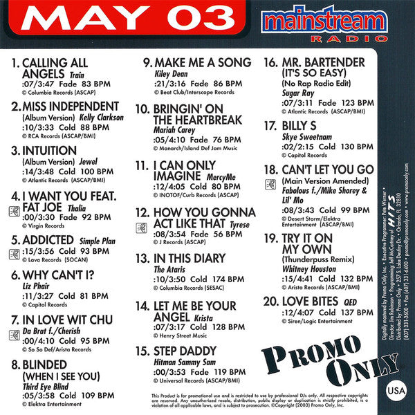 Various : Promo Only Mainstream Radio: May 2003 (CD, Comp, Promo)