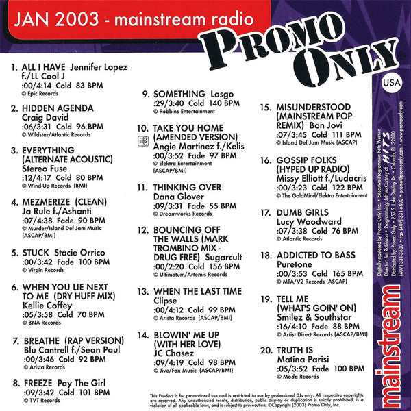 Various : Promo Only Mainstream Radio: Jan 2003 (CD, Comp, Promo)