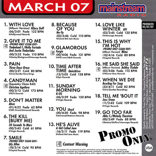 Various : Promo Only Mainstream Radio: March 07 (CD, Comp, Promo)