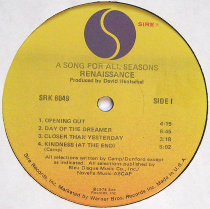 Renaissance (4) : A Song For All Seasons (LP, Album, Jac)