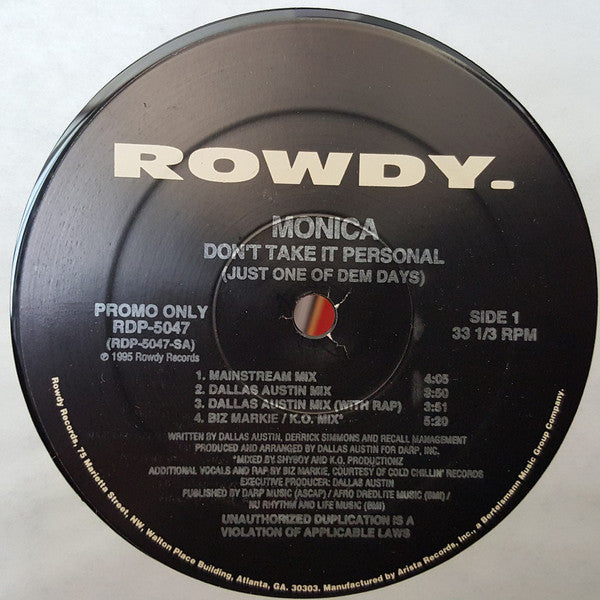Monica : Don't Take It Personal (Just One Of Dem Days) (12", Single, Promo)