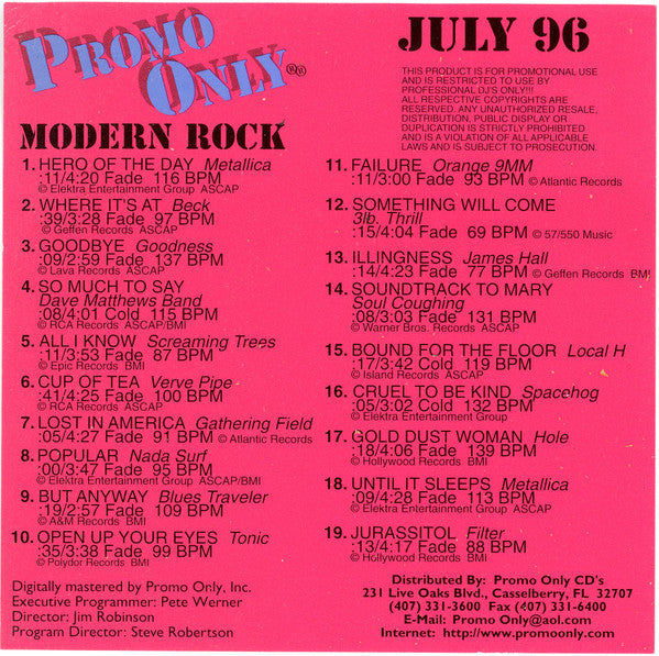 Various : Promo Only Modern Rock July 96 (CD, Comp, Promo)
