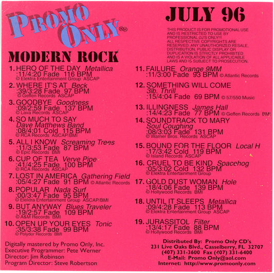 Various : Promo Only Modern Rock July 96 (CD, Comp, Promo)