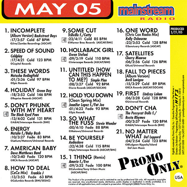 Various : Promo Only Mainstream Radio: May 05 (CD, Comp, Promo)