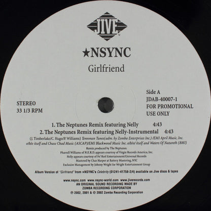 *NSYNC Feat. Nelly : Girlfriend (The Neptunes Remix) (12", Promo)