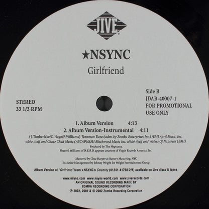 *NSYNC Feat. Nelly : Girlfriend (The Neptunes Remix) (12", Promo)