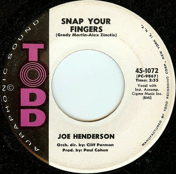 Joe Henderson (2) : Snap Your Fingers / If You See Me Cry (7", Single)