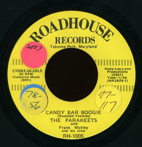 The Parakeets (4) With Frank Motley And His Motley Crew : Candy Bar Boogie / Give Me Time (7")