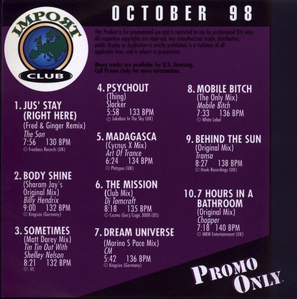 Various : Promo Only Import Club: October 1998 (CD, Comp, Promo)