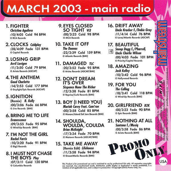 Various : Promo Only Mainstream Radio (March 2003) (CD, Comp, Promo)