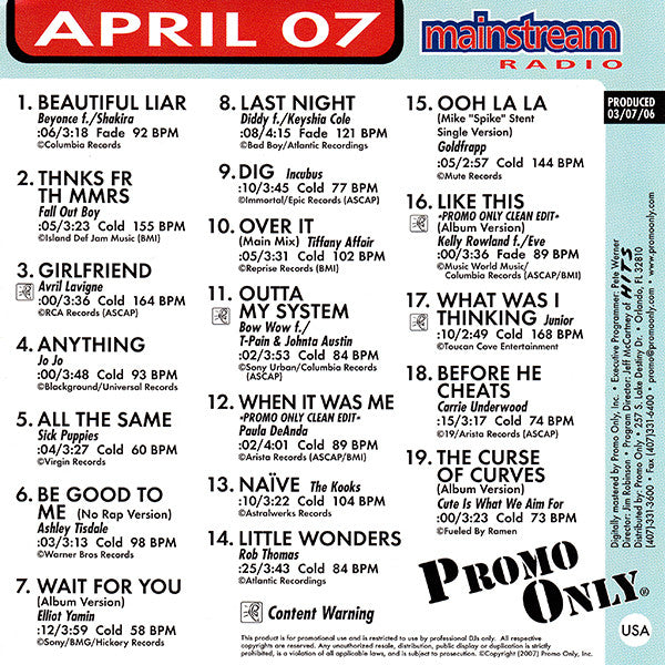 Various : Promo Only Mainstream Radio: April 07 (CD, Comp, Promo)