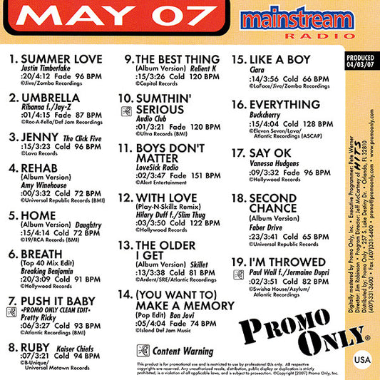 Various : Promo Only Mainstream Radio: May 07 (CD, Comp, Promo)