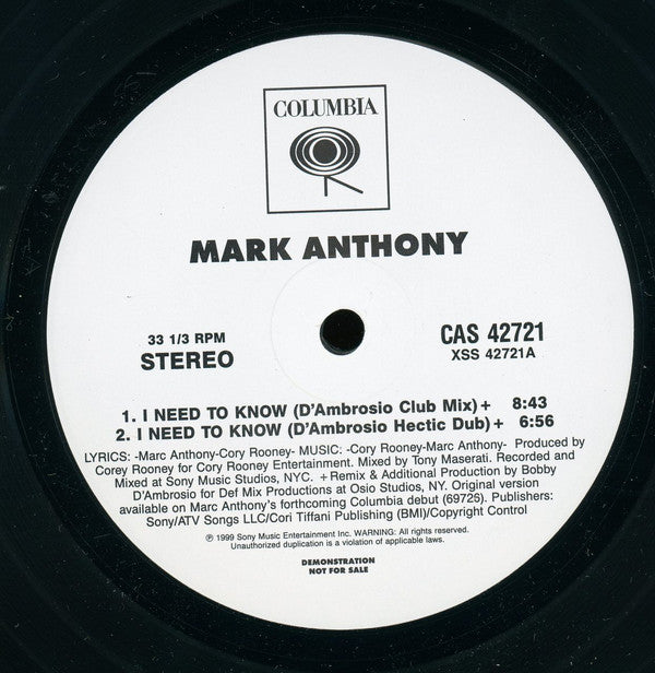 Marc Anthony : I Need To Know (12", Promo)